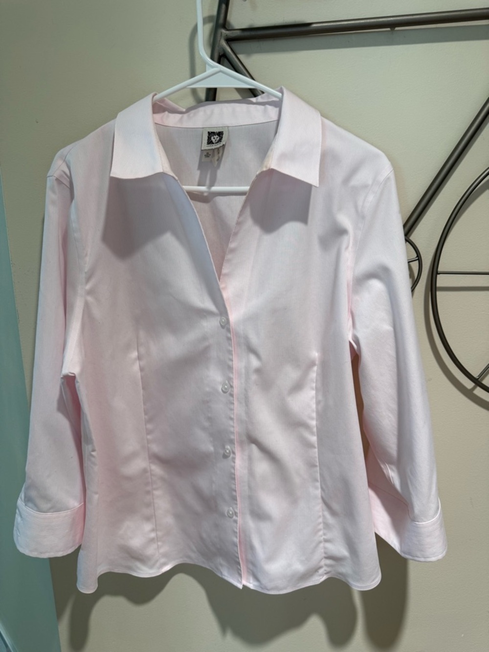 Anne Klein Light Pink Button-Front Collared Blouse No Iron Size XL 100% Cotton